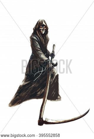 Grim Reaper In A Hood With A Scythe, On A White Background - Fantasy Illustration, Fictional Charact