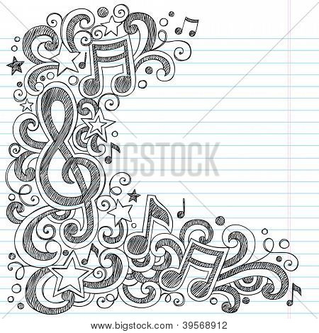 J'aime la musique, retour à l'école Notebook fragmentaires Doodles avec Notes de musique et le vecteur Swirls-Hand-Drawn 