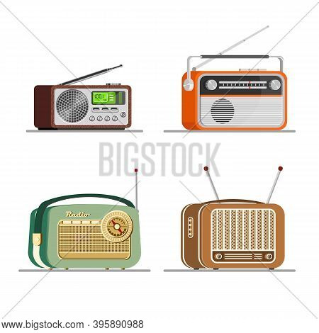 Radio Tuners Set. Vector Illustration Of Vintage And Modern Radio Receivers, Flat Style. Radio Colle