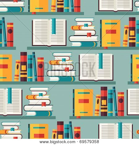 Seamless pattern with books on bookshelves in flat design style.