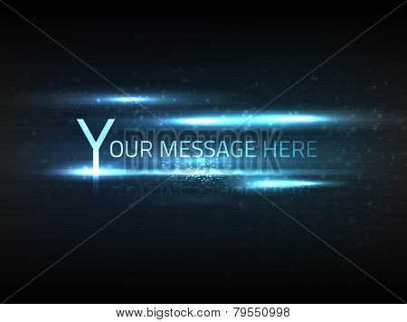 Vector abstract blue text effect with blurry dim particles and bright lights on black background with slight texture.