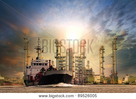 Gas Tanker Ship And Oil Refinery Plant Background Use For Oil ,fuel Energy And Fossil Power .transpo