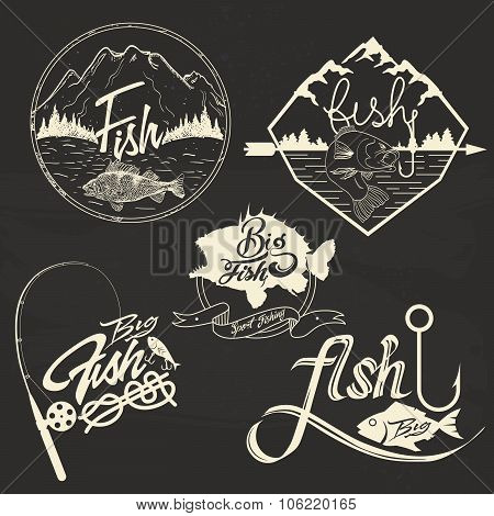 Vector set of fishing club labels, design elements, emblems, badges. Isolated logo illustration in v