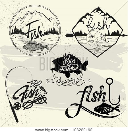 Vector set of fishing club labels, design elements, emblems, badges. Isolated logo illustration in v