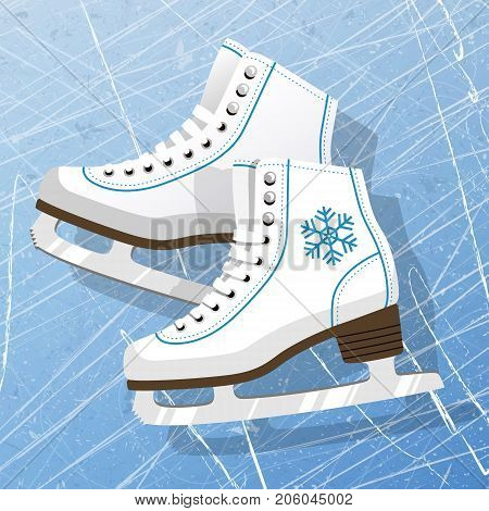 Pair of white Ice skates. Figure skates. Women's ice skates. Texture of ice surface. Vector illustration background