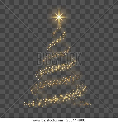 Christmas tree on transparent background. Gold Christmas tree as symbol of Happy New Year holiday Merry Christmas celebration. Golden light Christmas tree. Shiny design Vector illustration