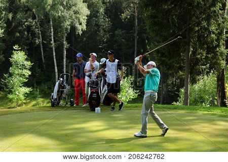 TSELEEVO, MOSCOW REGION, RUSSIA - JULY 24, 2014: Liam Bond of Wales in action in the Tseleevo Golf & Polo Club during the M2M Russian Open. This golf tournament is the stage of the European Tour