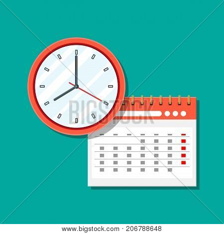 Paper spiral wall calendar and clocks. Calendar clocks flat icon. Schedule, appointment, organizer, timesheet, time management, important date. Vector illustration in flat style