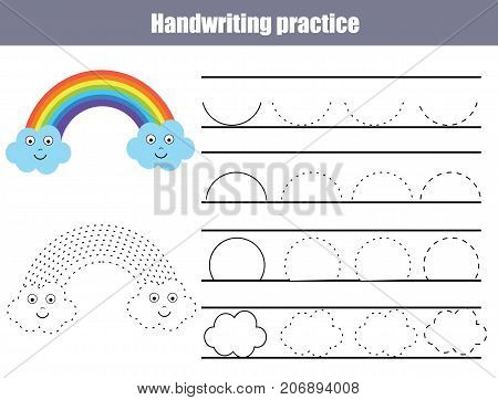 Handwriting practice sheet. Educational children game printable worksheet for kids. Writing training printable worksheet with arc shapes and cute rainbow