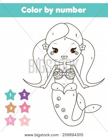 Children educational game. Coloring page with mermaid. Color by numbers printable activity worksheet for toddlers and pre school age