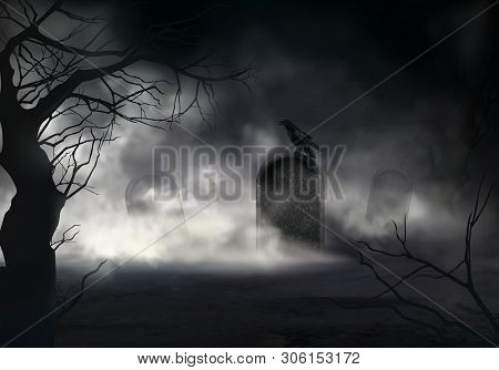 Frightening Halloween Realistic Background With Dried Trees Silhouettes And Black Crow Sitting On Sl