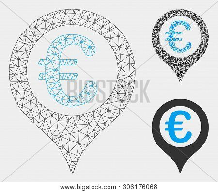 Mesh Euro Geotargeting Model With Triangle Mosaic Icon. Wire Frame Triangular Mesh Of Euro Geotarget