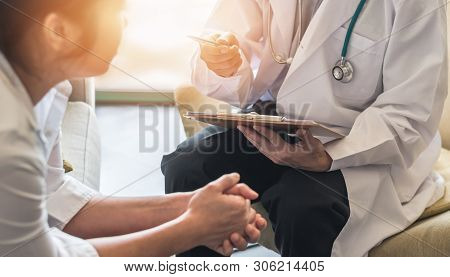 Woman Patient With Doctor Or Psychiatrist Consulting And Diagnostic Examining On Obstetric - Gynecol