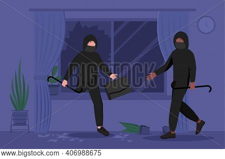 Two Male Burglars In Masks And Hoodie Breaking In House Or Apartment. Concept Of Theft, Burglary Or 