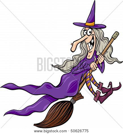 Witch On Broom Cartoon Illustration