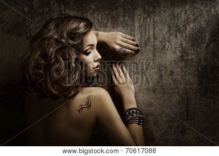 Woman Tattoo On Back Shoulder, Sexy Girl Beauty Fashion Portrait Over Grunge Background