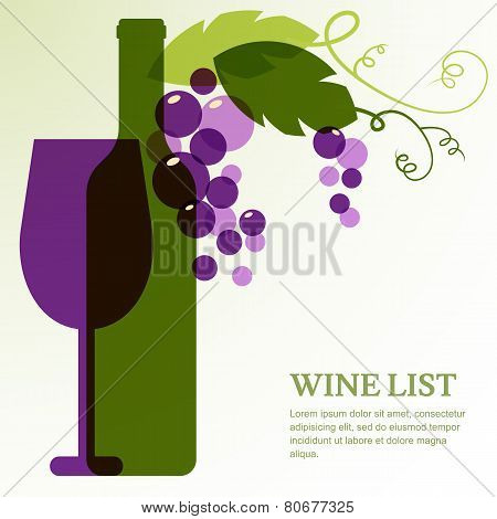 Wine Bottle, Glass And Branch Of Grape With Leaves.