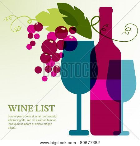 Wine Bottle, Glass And Branch Of Grape With Leaves.