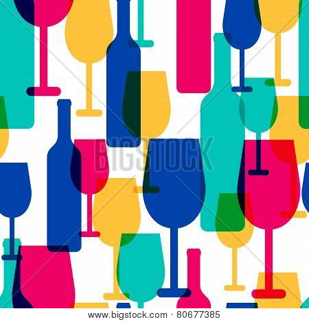 Abstract Colorful Cocktail Glass And Wine Bottle Seamless Pattern. Concept For Bar Menu,