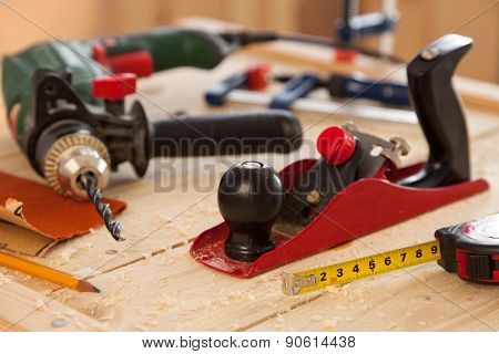 Woodworking tools on a carpenter's table.