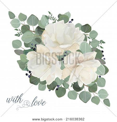 Floral card vector Design: garden white creamy peony Rose flower silver Eucalyptus thyme green leaves elegant greenery blue berry bouquet print element. Rustic wedding editable invite template