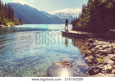 Hike to turquoise waters of picturesque Garibaldi Lake near Whistler, BC, Canada. Very popular hike destination in British Columbia.