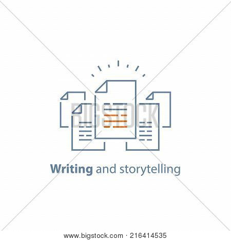 Contract terms and conditions, document paper, creative writing, storytelling concept, read brief summary, assignment, vector line icon, thin stroke illustration