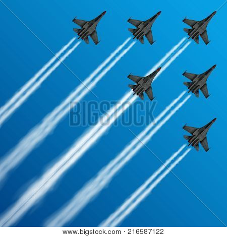 Military fighter jets with condensation trails in sky vector illustration. air, plane, military, show, flight, trail, sky, performance, Airplane army, fighter on airshow