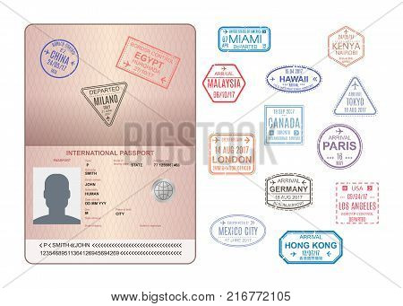 Template of an open passport with stamps, seals. Passport with marks from airport, with watermarks, international travel document, document with visas. Travel, immigration. Vector illustration.