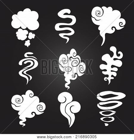 Cartoon smoke and dust clouds. Comic puff and steam vector set. Comic white stench aroma or smell illustration on black background