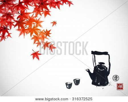 Traditional Asian Tea Ceremony. Teapot And Cups Under Red Japanese Maple Branches On White Backgroun