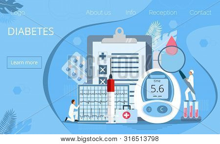 Landing Page With Magnifier And Blood Glucose Testing Meter, Doctors, Tiny People. Type 2 Diabetes A