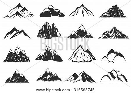 Mountain Icons. Mountains Top Silhouette Shapes, Snow Rocky Range. Outdoor Landscape Hill Peaks Symb