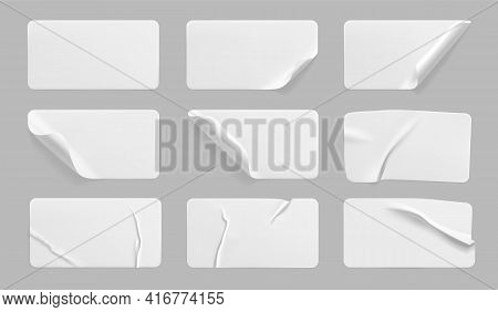 White Glued Crumpled Stickers With Curled Corners Mock Up Set. Blank White Adhesive Paper Or Plastic