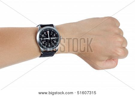 A Hand Wearing A Black Wrist Watch