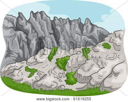 Scenic Illustration of a Rocky Mountain Range with Some Foliage Below