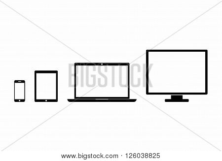 Device Icons: smartphone, tablet, laptop and desktop computer. Black device in flat style isolated on white background. Vector Illustration