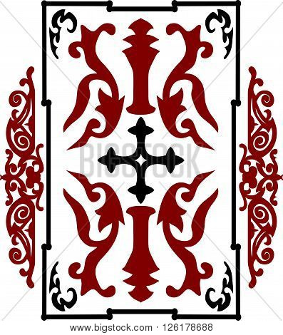 Red And Black Ancient Vintage Ornament On White Background In Style Of Crusader War Shield With A Cr