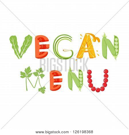 Vegan menu vegetables letter. Healthy food vector letter. Vegan menu lettering with vegetables isolated on white background. Text vector illustration. Vegan food vegetables font.