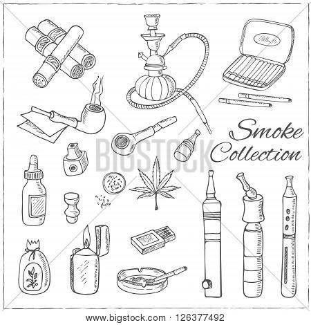 Doodle retro smoke set with hookah, vape, cannabis and pipes. Isolated vector illustration for identity, design, decoration, packages product and interior decoration