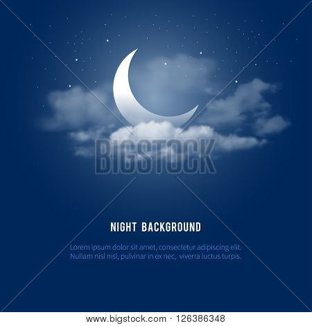 Mystical Night sky background with half moon, clouds and stars. Moonlight night. Vector illustration.