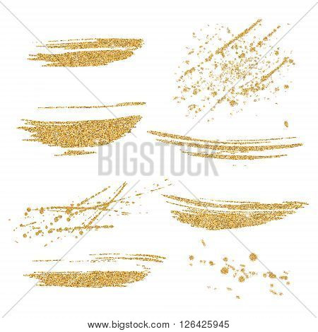 Vector gold paint smears set. Gold glitter element on white background. Gold shiny paint stroke. Abstract gold glitter dust. Gold glittering paint stains.