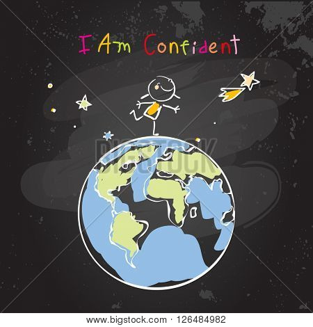 Confident child, girl, happy successful schoolgirl on top of the world, globe. Conceptual vector illustration, chalk on blackboard doodle, hand drawn sketch, scribble. 