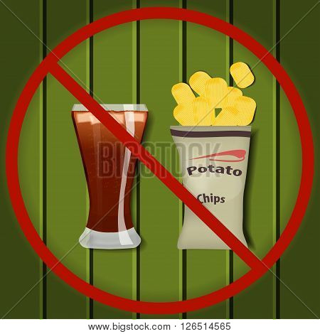 No fast food. Glass of cola with ice and a packet of potato chips in a red slashed circle on a wooden surface. No fast food illustration. No fast food background. No fast food realistic vector image