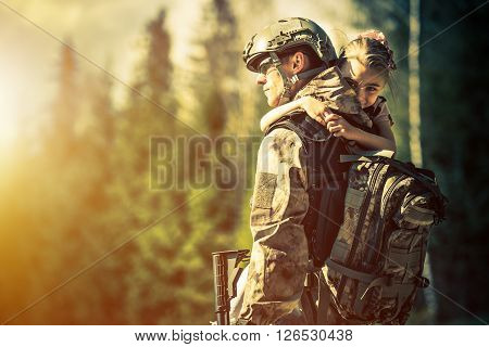 Soldier Returning Home After Years of War. Happy Daughter Welcoming Her Dad at Home. Troop Returning Concept.