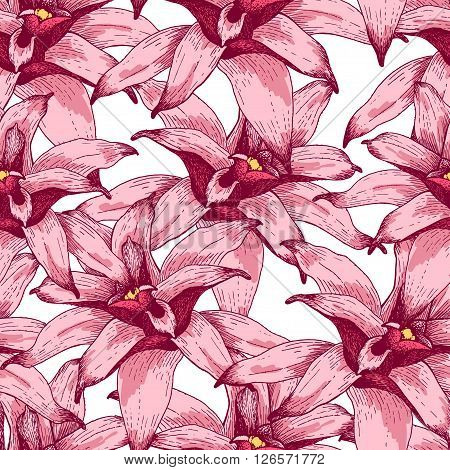 Vector Illustration of tropical Flowers Seamless PAttern in Sketch Style for Design, Flowers Sketch Background, Banner. Doodle Summer Pattern. Flower sketch Element. Flower Pattern Template.  Beach Botany