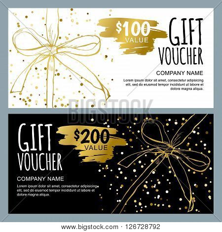 Vector Gift Voucher Template With Golden Hand Drawn Bow Ribbons.