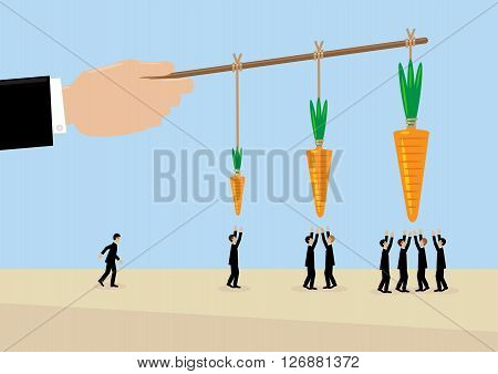 A large hand holds a carrots on a stick. A metaphor on management incentive and leadership.