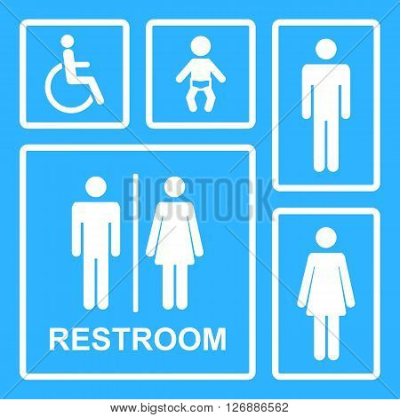 Restroom icons.Vector restroom icons for men, women, lady, man, baby dummy, nipple, child and disability on square.WC icons isolated.Toilet vector icons set.Vector restroom icons isolated.Vector toilet sign