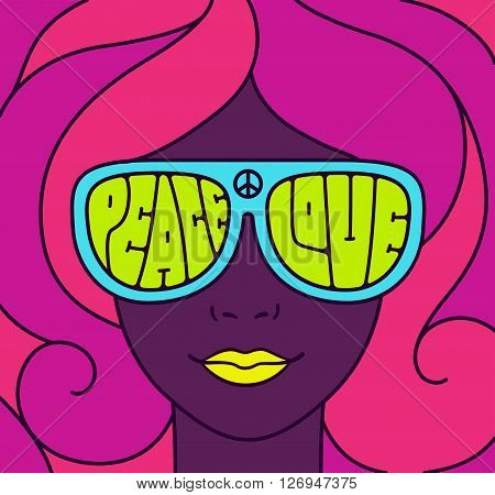 Hippie Love and Peace poster. Retro style typography pretty girl in neon colors. Groovy vintage illustration.